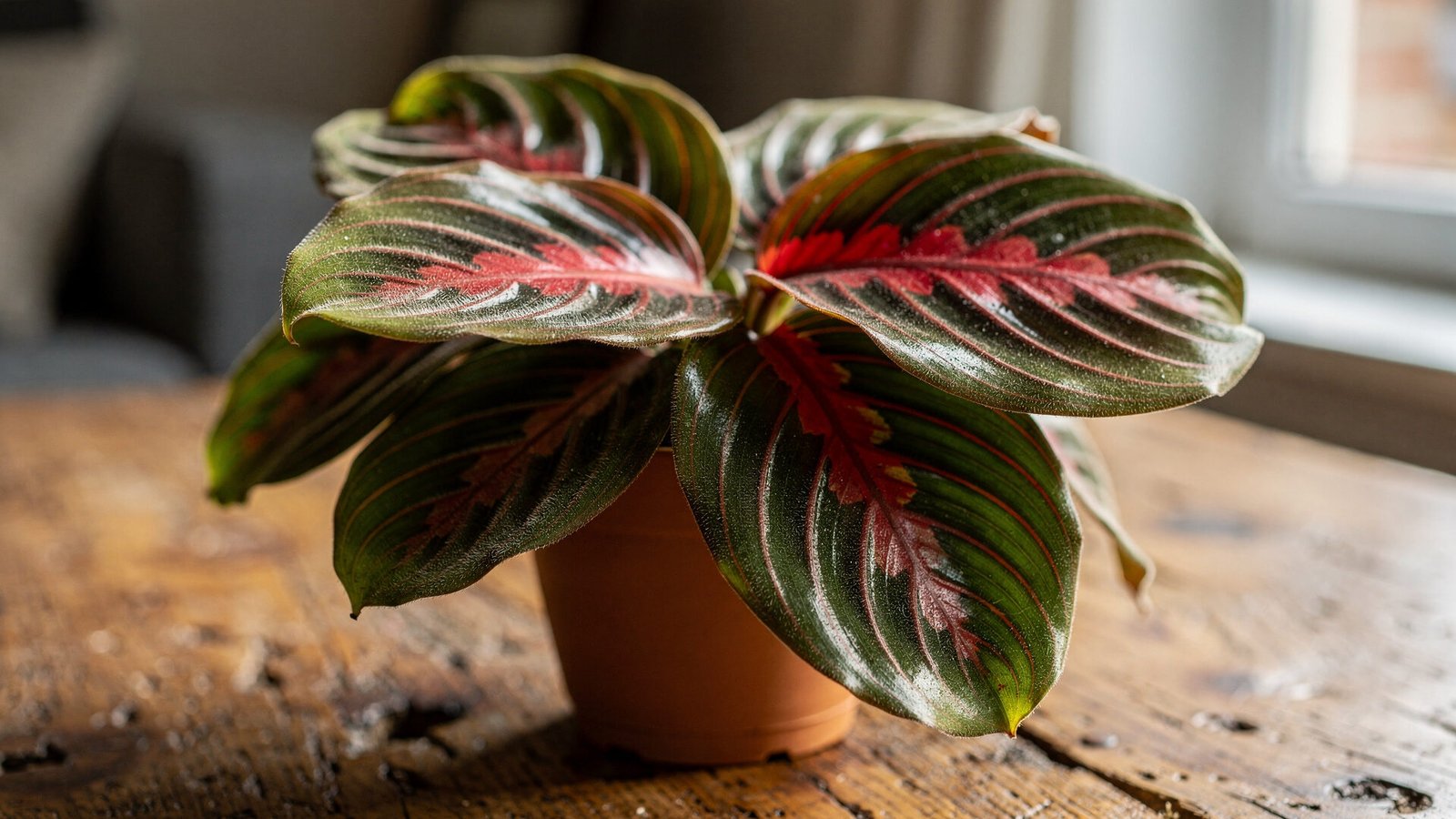 Maranta tricolor com folhas vibrantes em um ambiente interno com luz indireta
