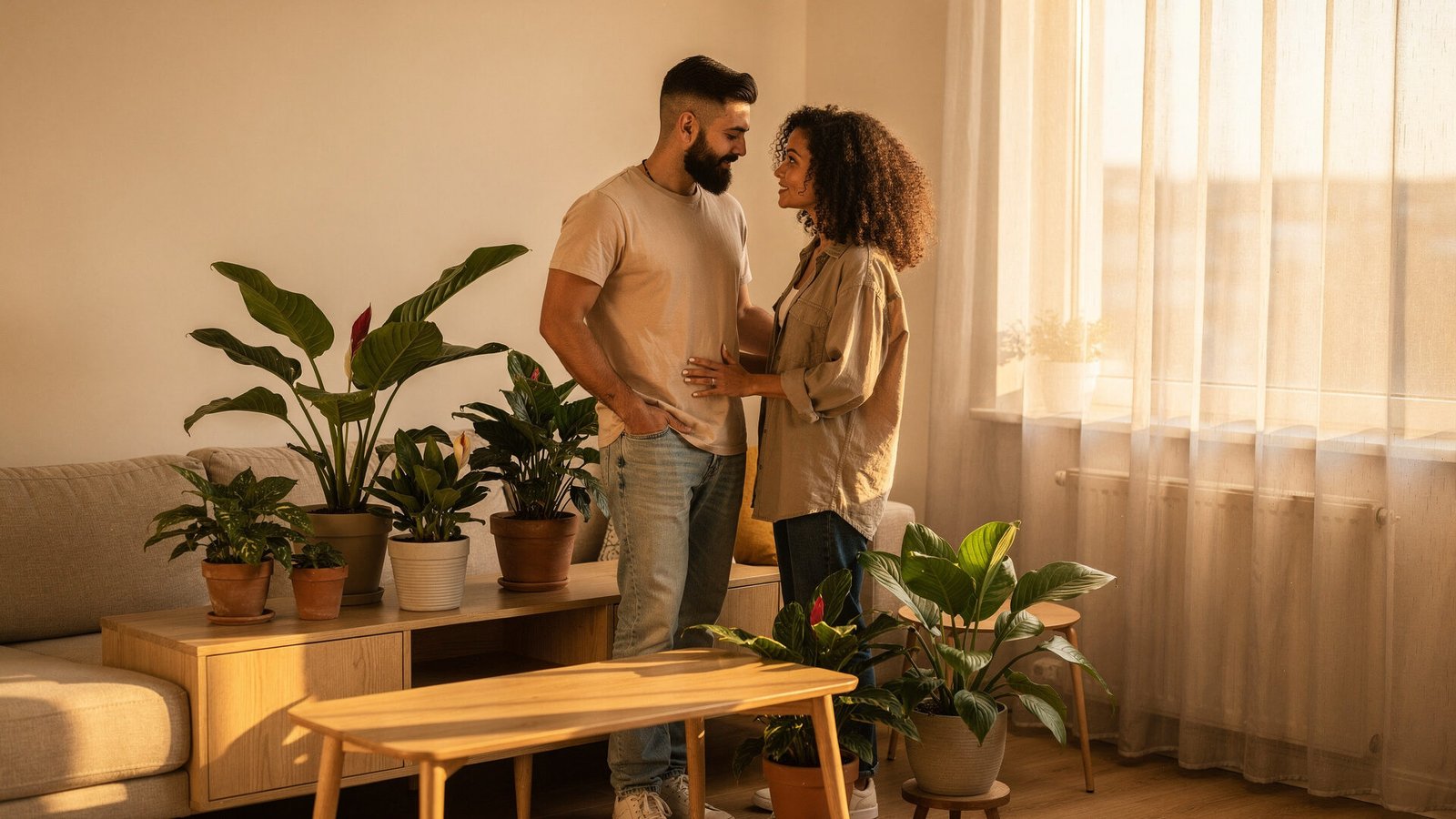 Descubra o poder do cultivo em casa: os primeiros passos essenciais 2 Um jovem casal de etnia mista, ele com barba e ela de cabelo cacheado, ambos usando roupas casuais, admirando plantas em vasos dentro de uma sala de estar moderna. A sala tem tons neutros com detalhes em madeira clara e uma janela grande com cortinas translúcidas. A imagem possui uma iluminação suave de fim de tarde, destacando a textura das folhas das plantas.