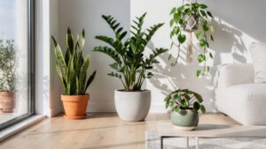 Variedade de plantas resistentes para interiores em sala de estar moderna e bem iluminada