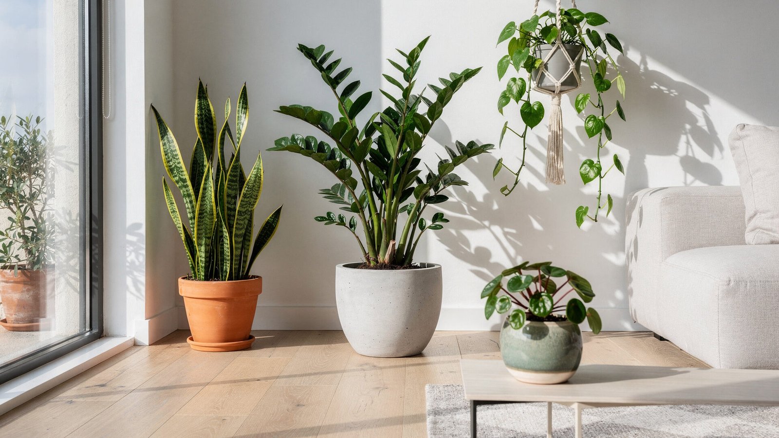 Variedade de plantas resistentes para interiores em sala de estar moderna e bem iluminada