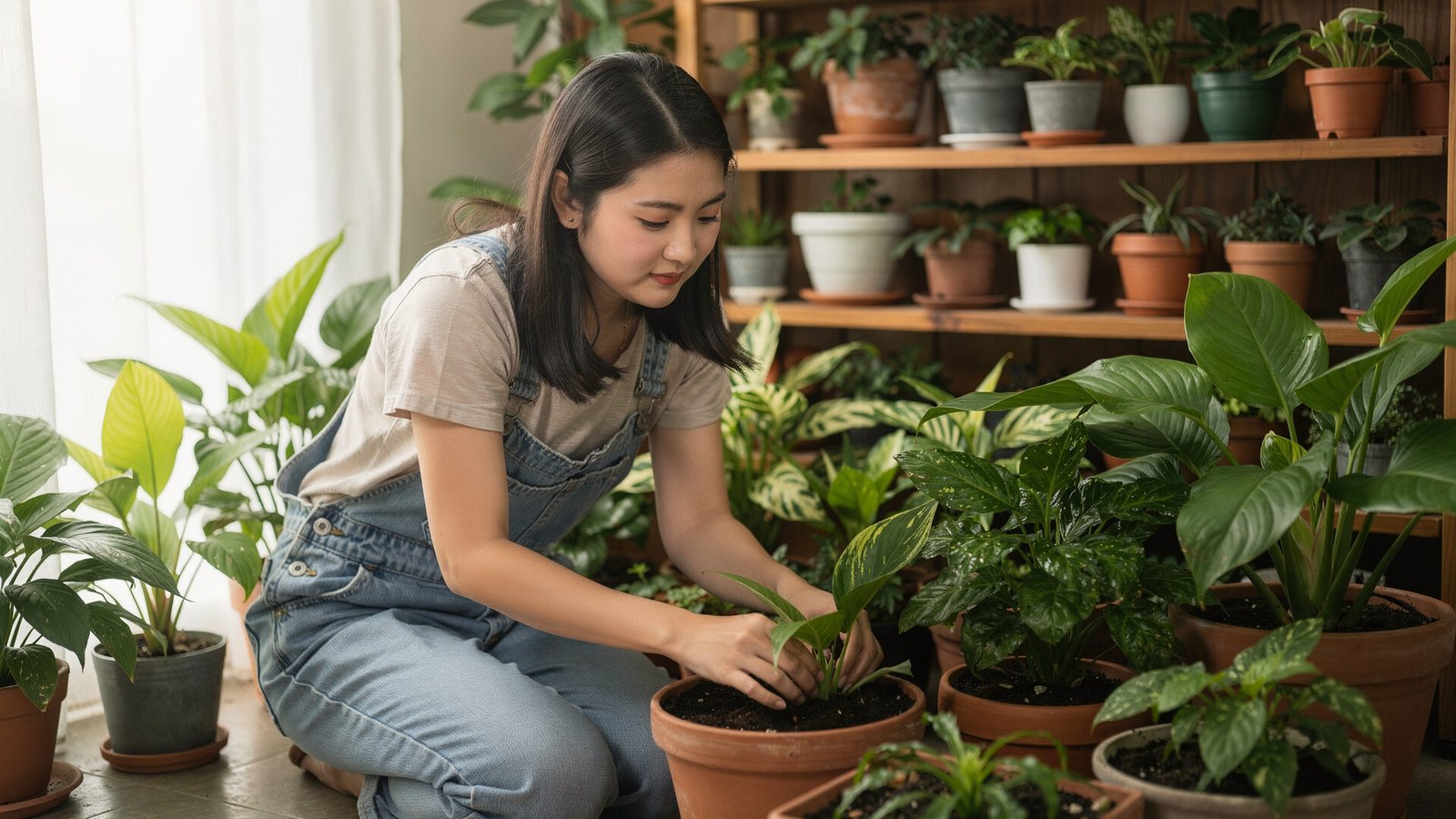 Descubra o poder do cultivo em casa: os primeiros passos essenciais 3 Uma jovem mulher asiática, vestindo roupas de jardineira, cuidando de plantas em um pequeno jardim interno. Ao fundo, prateleiras com vários vasos de tamanhos diferentes. A paleta de cores inclui verdes vibrantes das folhas e tons terrosos dos vasos. A iluminação é suave, destacando o brilho natural das folhas.