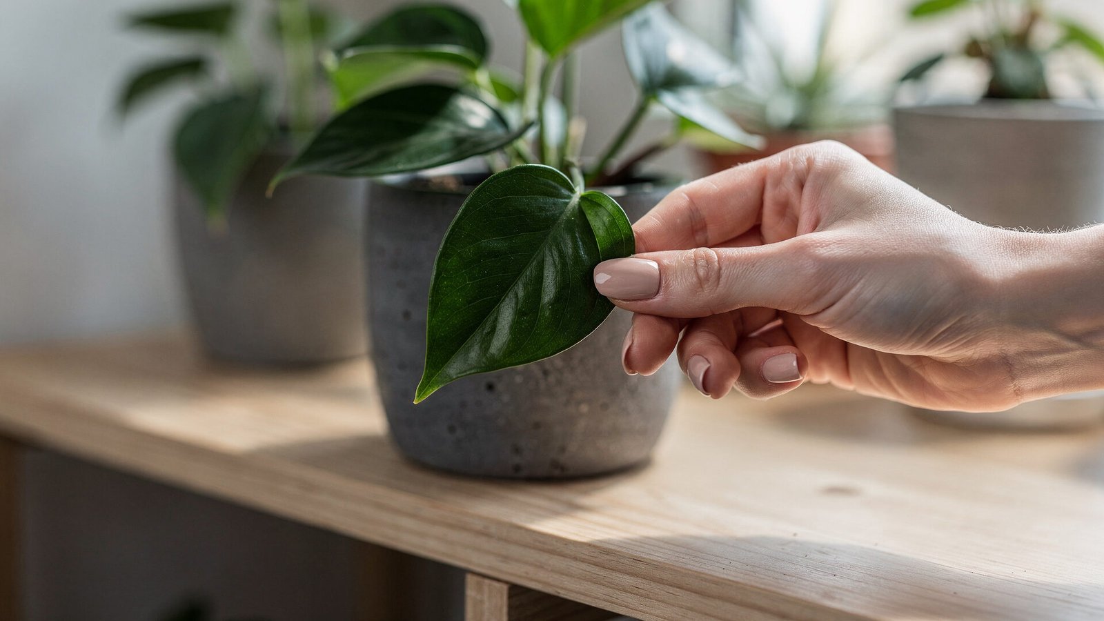 Mão tocando folha de Jiboia, uma das plantas resistentes para interiores