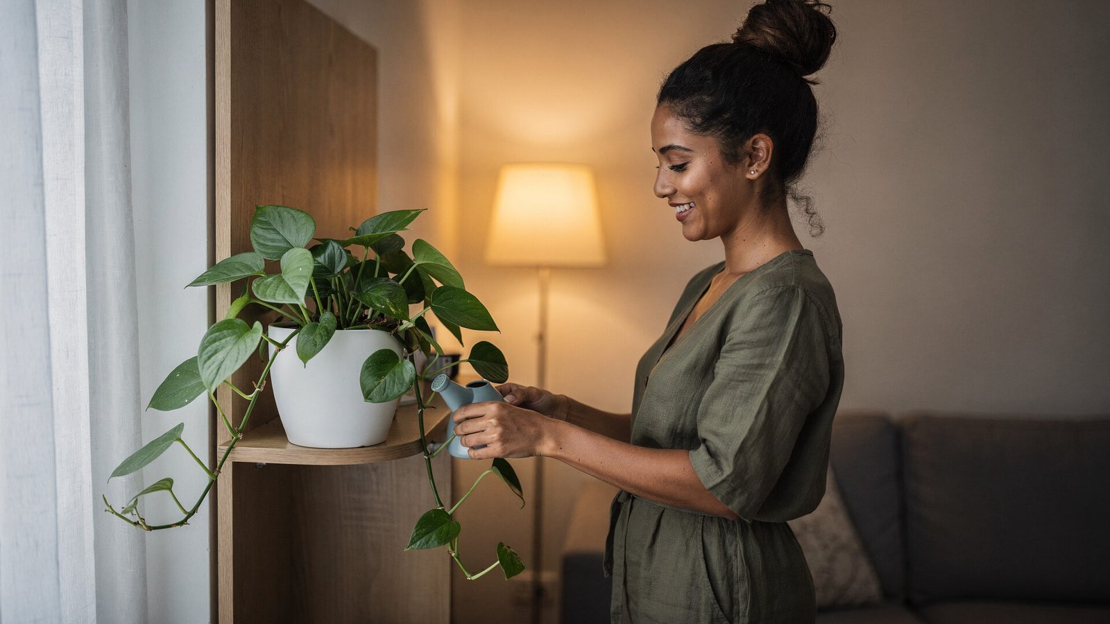 Mulher regando planta jiboia em apartamento pequeno e escuro