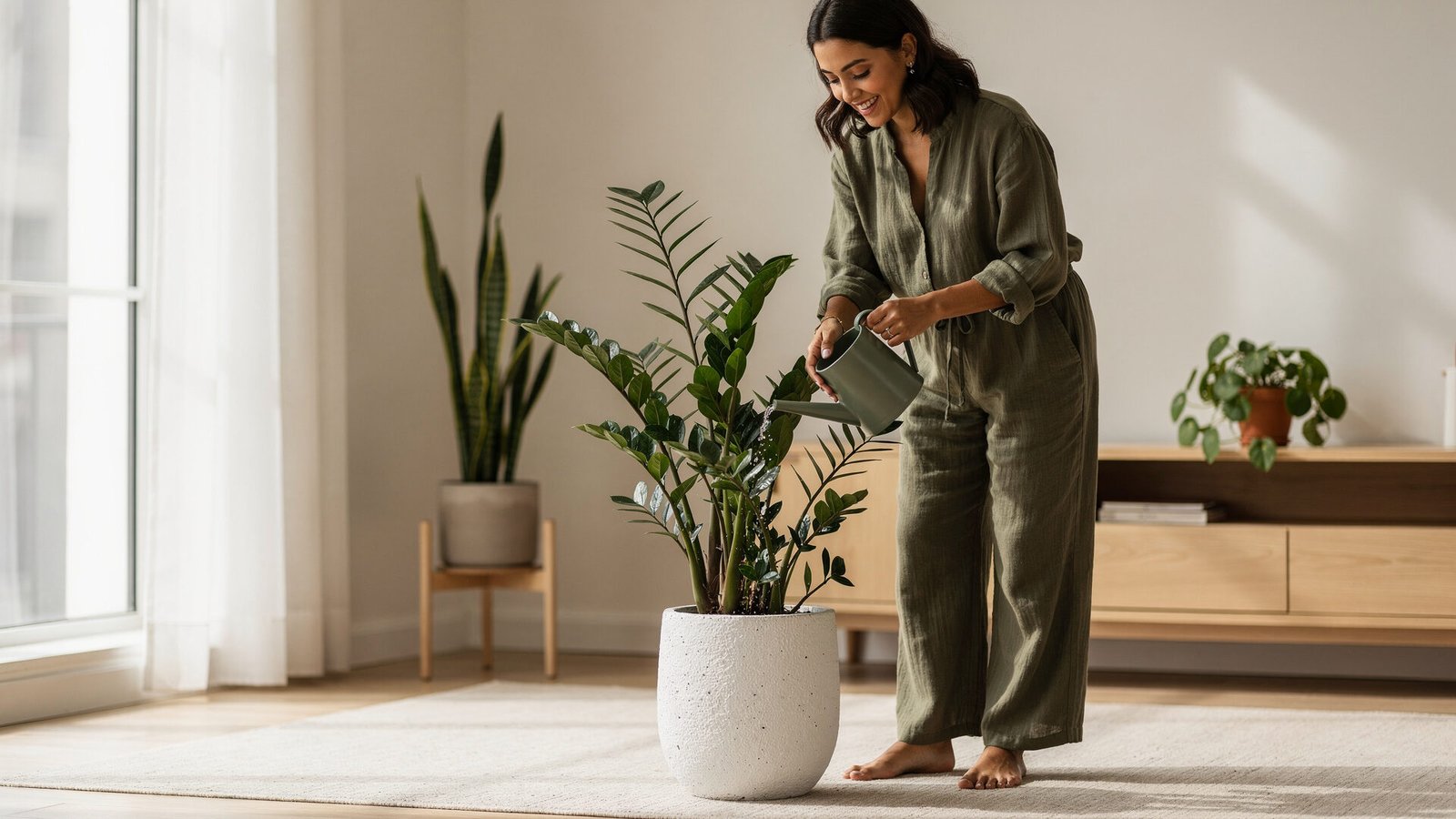 Mulher regando Zamioculcas, uma das plantas resistentes para interiores em sala moderna