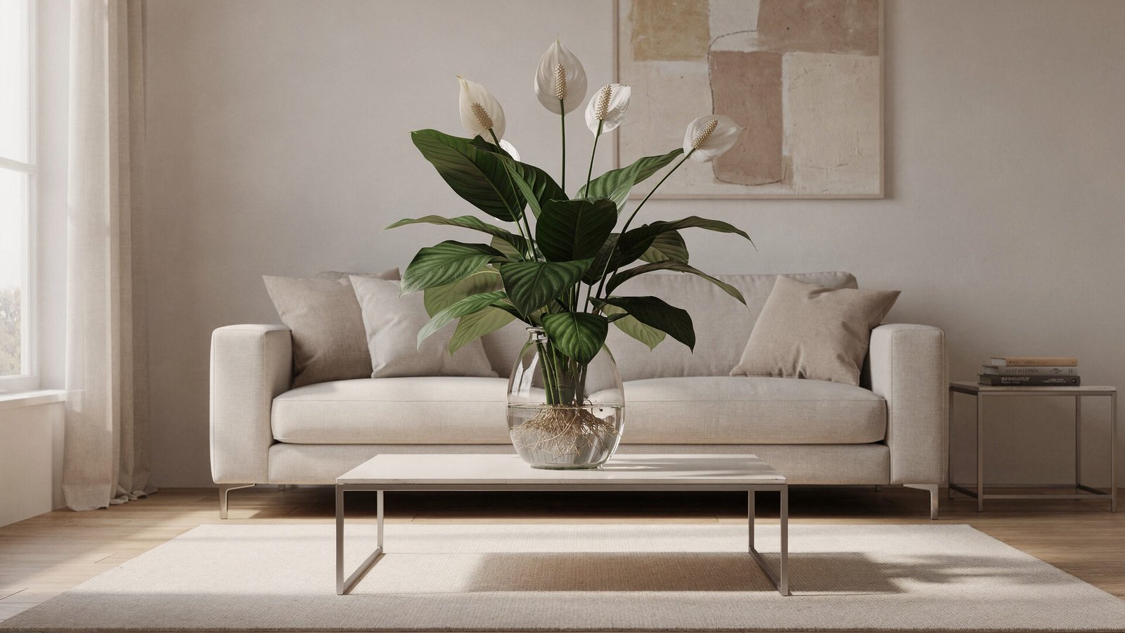 Descubra as Plantas Que Transformam Casas em Refúgios Verdes 3 Uma sala de estar minimalista com um Lírio da Paz em destaque. A planta exibe suas flores brancas em um vaso de vidro, contrastando com móveis em tons neutros. A iluminação é suave, criando um clima relaxante.