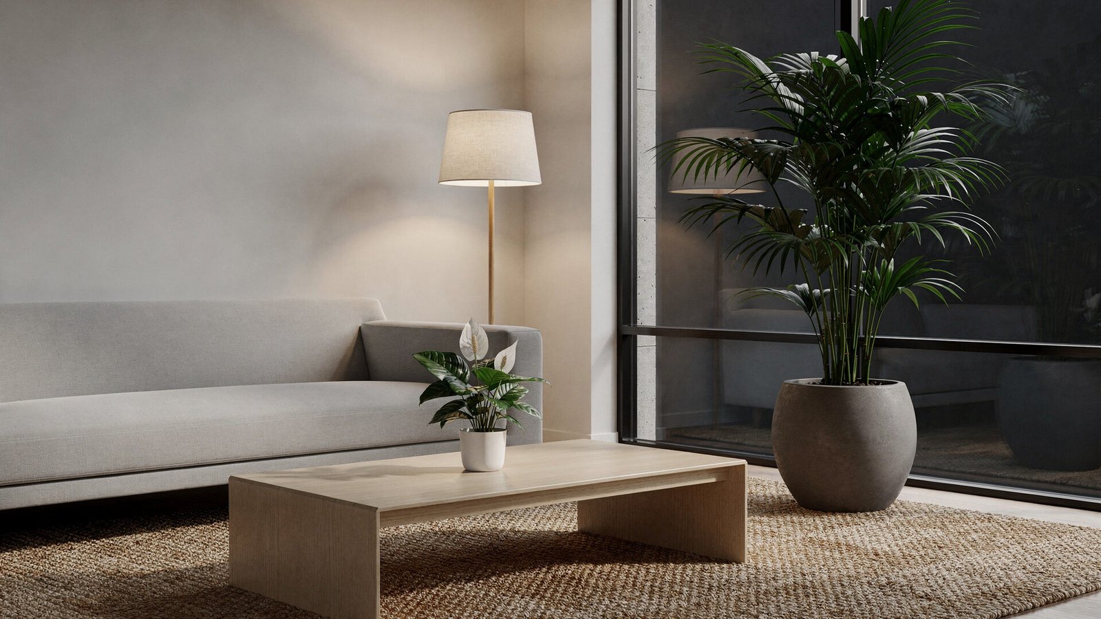 Sala de estar com planta Ráfis excelsa em vaso grande