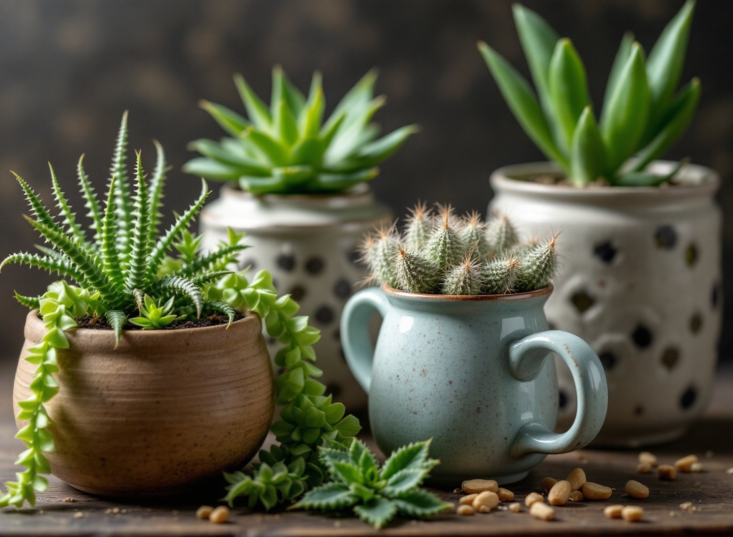 Transforme seu espaço com plantas que quase cuidam de si mesmas! 3 Close-up de suculentas e cactos em vasos