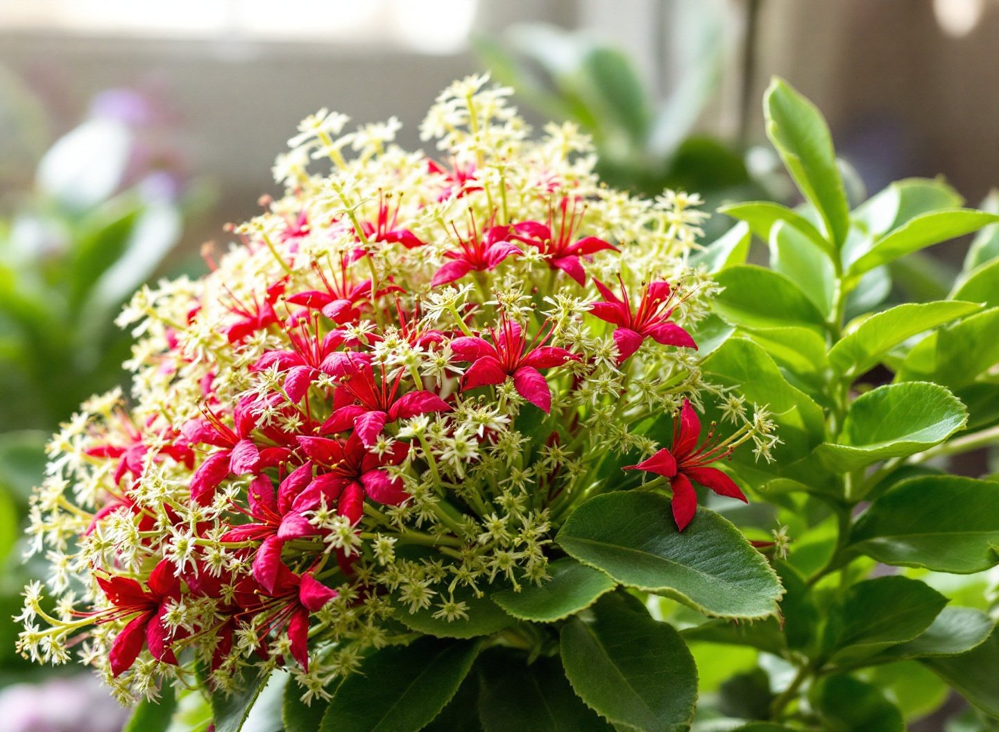 Antúrio em flor com folhas verdes.