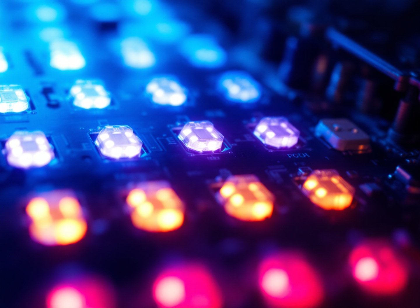 Painel de luz LED Full Spectrum detalhado, mostrando diodos emissores de luz vermelhos e azuis para horta indoor.
