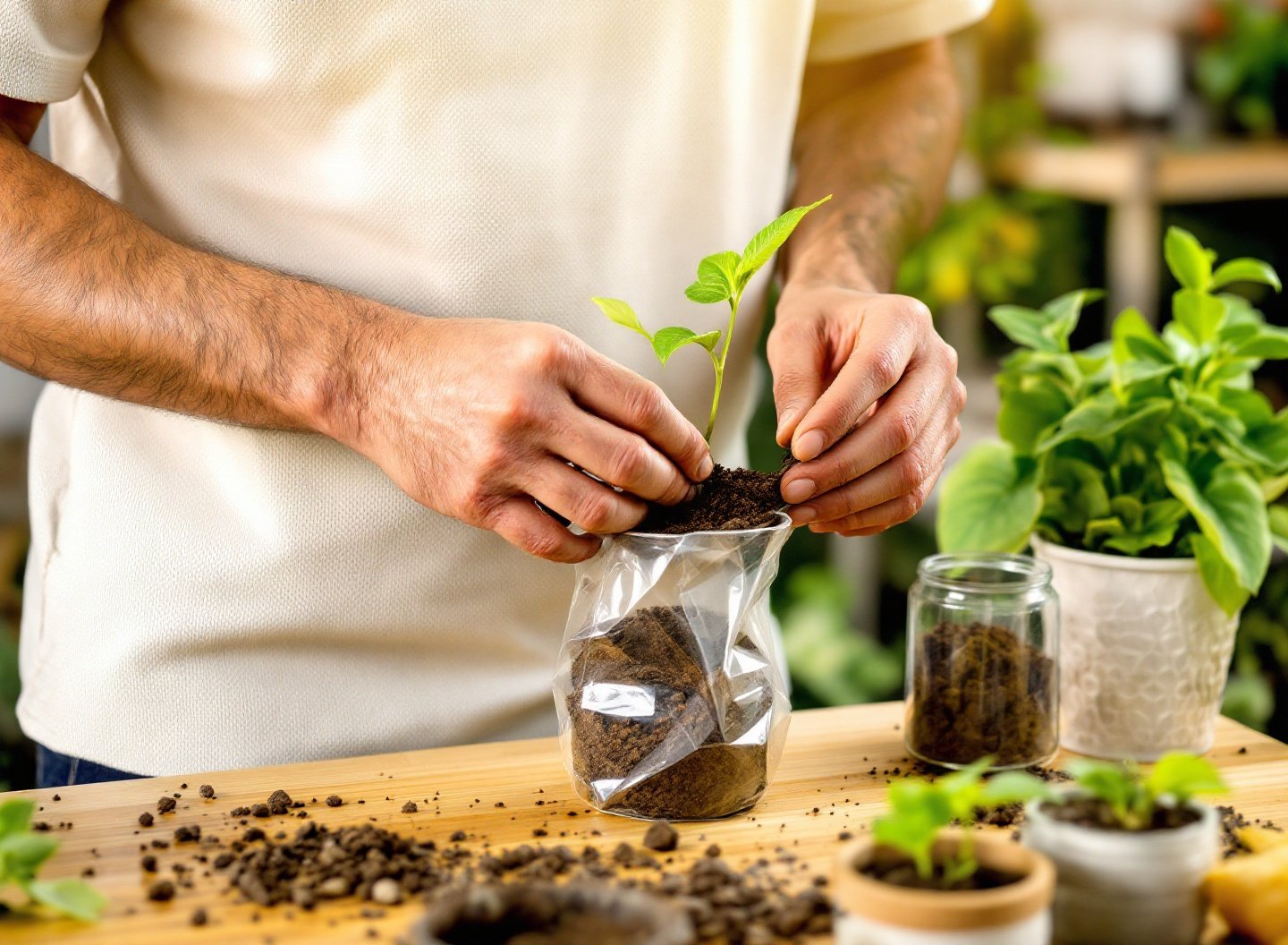 Quer uma horta orgânica? O guia definitivo de materiais baratos para horta caseira que você precisa para começar agora. 4 Homem plantando muda de manjericão em vaso reciclado de garrafa PET
