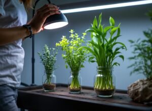 Ajuste de iluminação LED em cultivo doméstico.