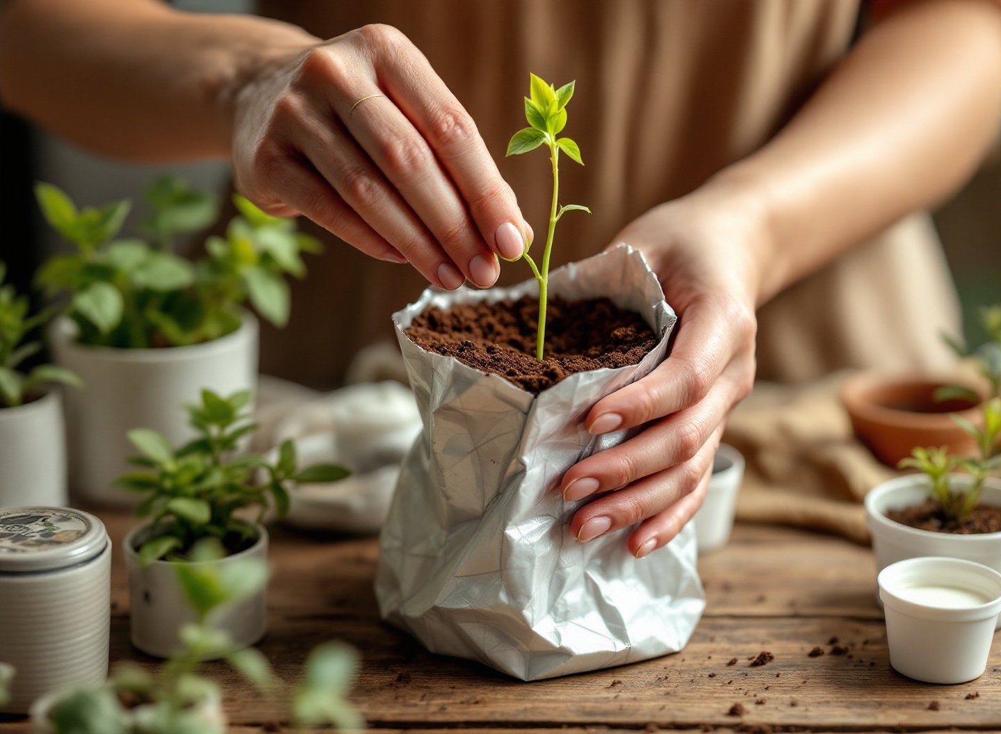 Mãos plantando manjericão em vaso reciclado de lata de alumínio para horta caseira econômica