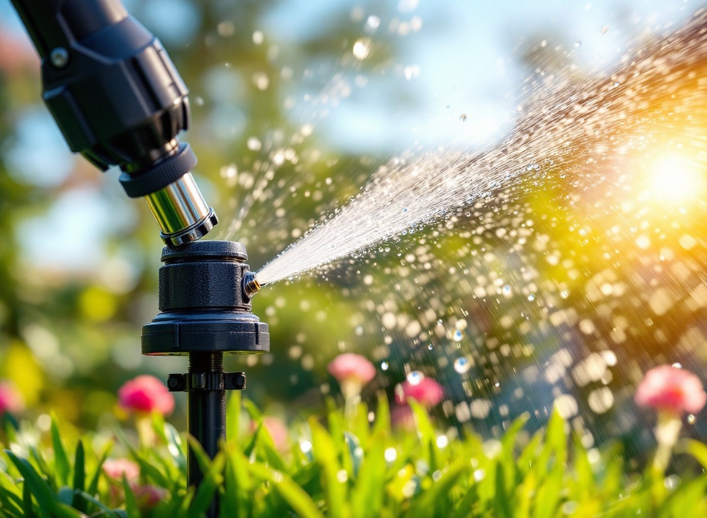 Chega de regar à mão: Descubra os kits de irrigação que transformam seu jardim com economia de água e tempo. 3 Aspersor de jardim funcionando em gramado verde, irrigação eficiente