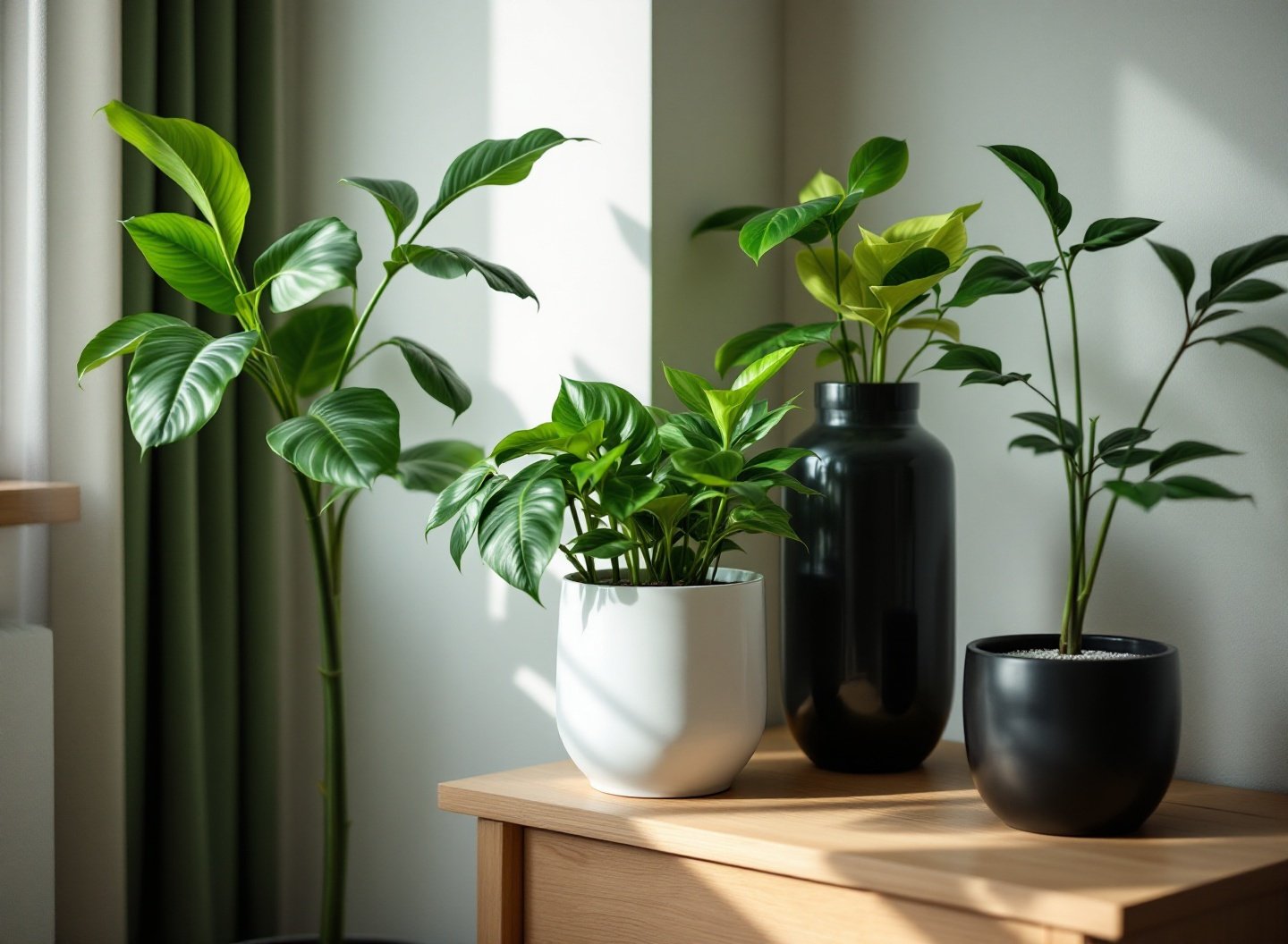 Costela-de-Adão, Jiboia e Espada-de-São-Jorge em estante, plantas para apartamento escuro.