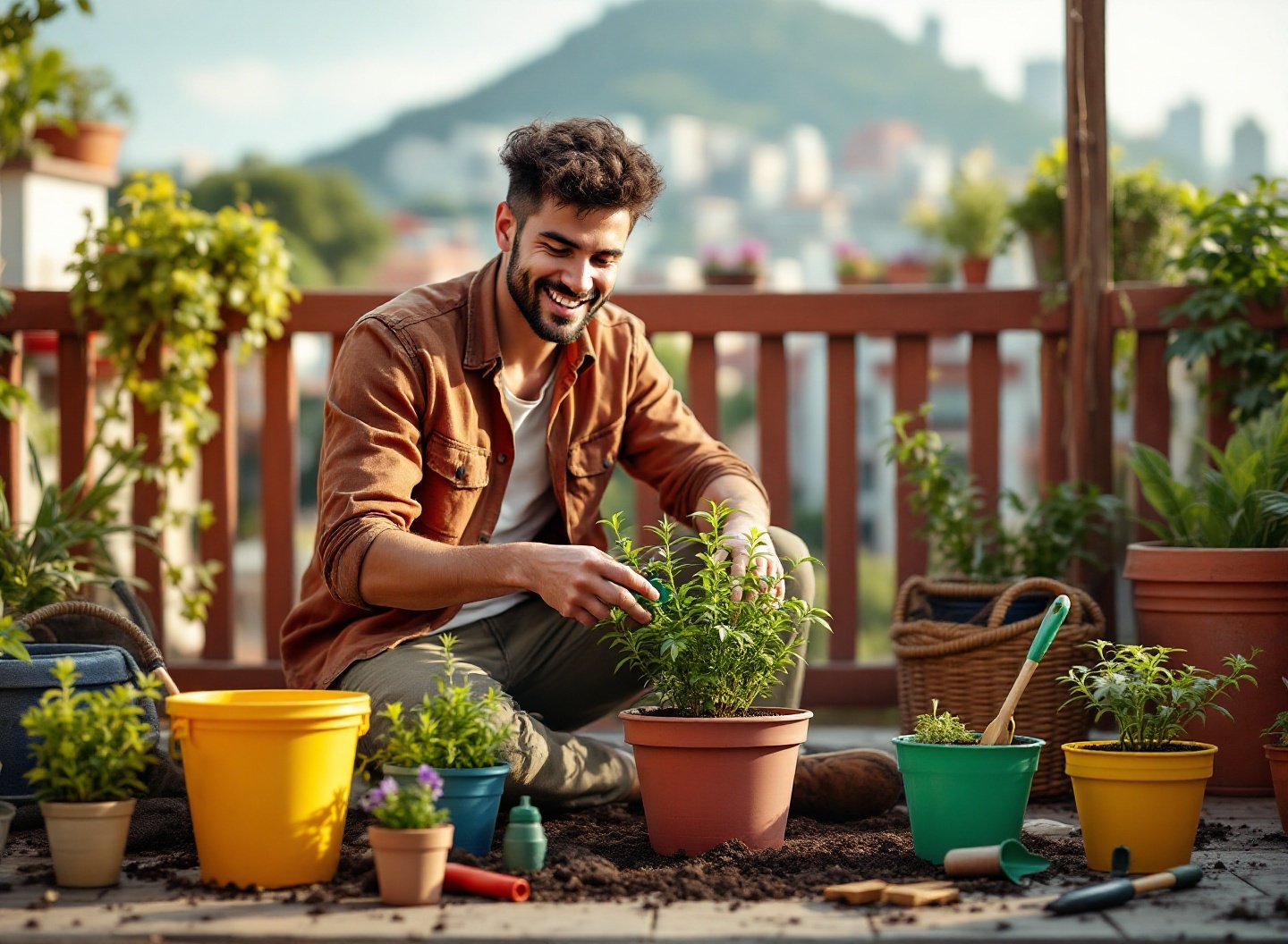 jovem cuidando de mini horta em varanda