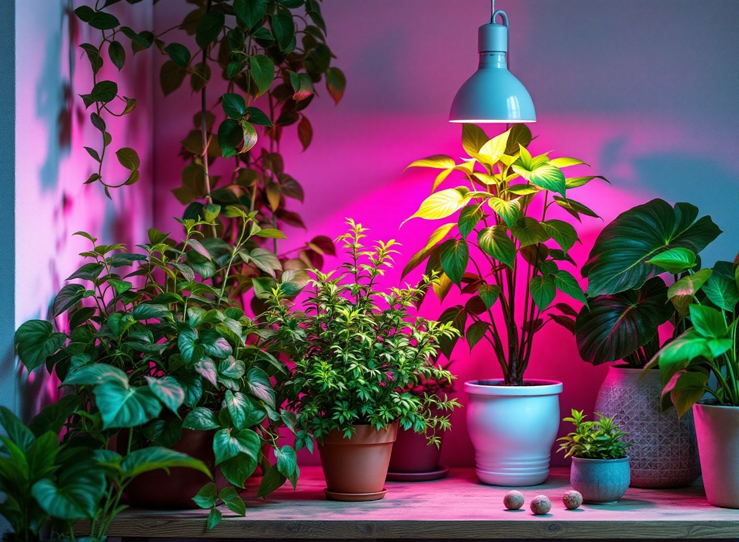 Plantas de interior crescendo sob iluminação de LED indoor lamp.