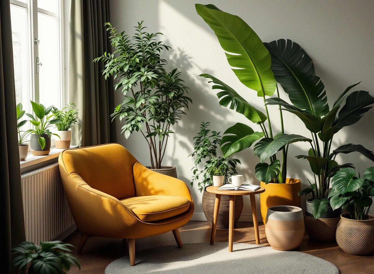 Canto de leitura com poltrona e plantas fáceis para apartamento sem sol, ambiente acolhedor e verde.