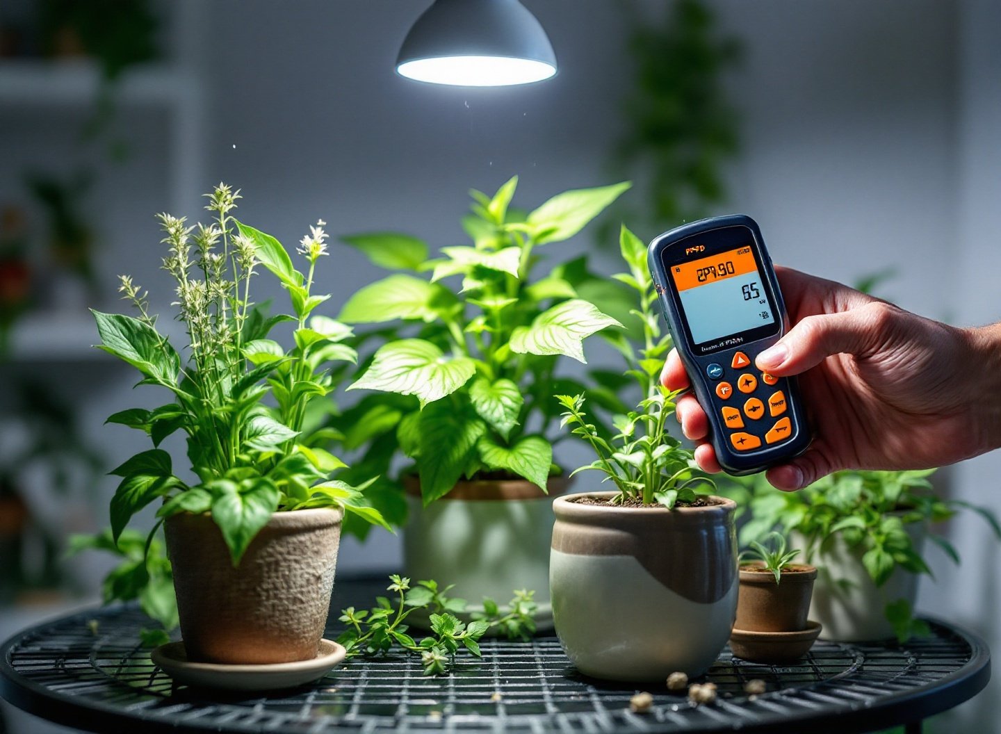 Medidor de PPFD verificando a intensidade de luz em cultivo de ervas, otimizando a melhor luz para cultivo doméstico