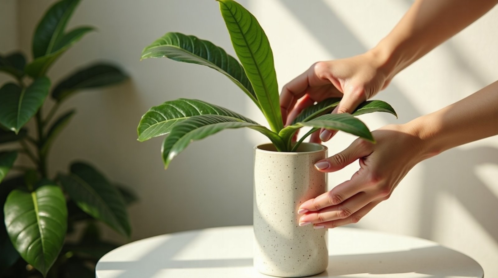 Mão pulverizando água em Maranta-pavão, cuidando de plantas de sombra em apartamento.