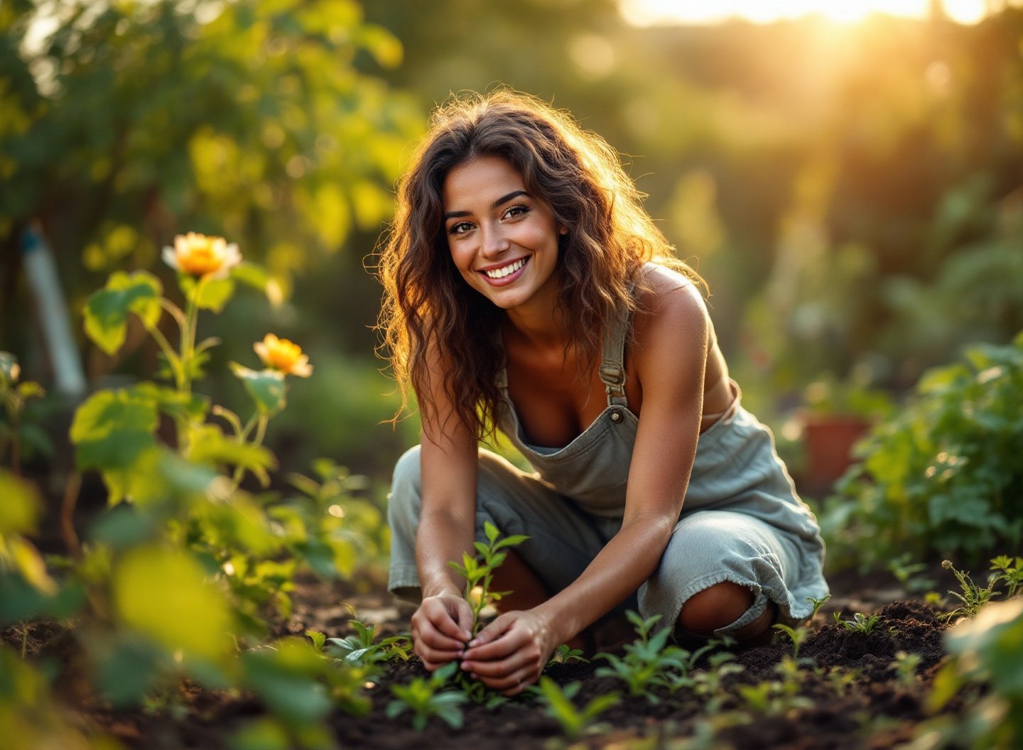 Jovem mulher cultivando horta caseira com materiais reciclados e baixo custo