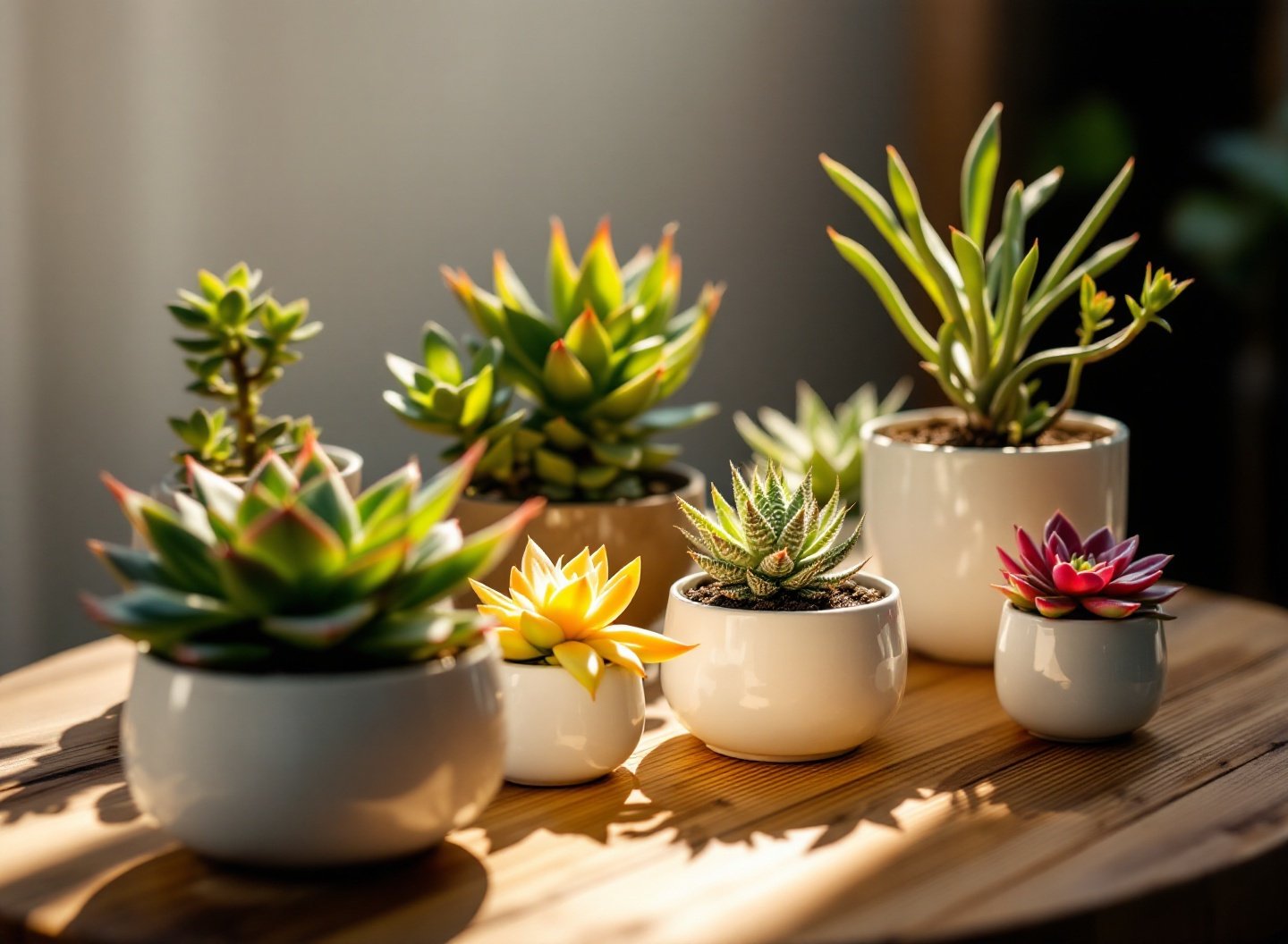 Coleção de suculentas em mesa de madeira