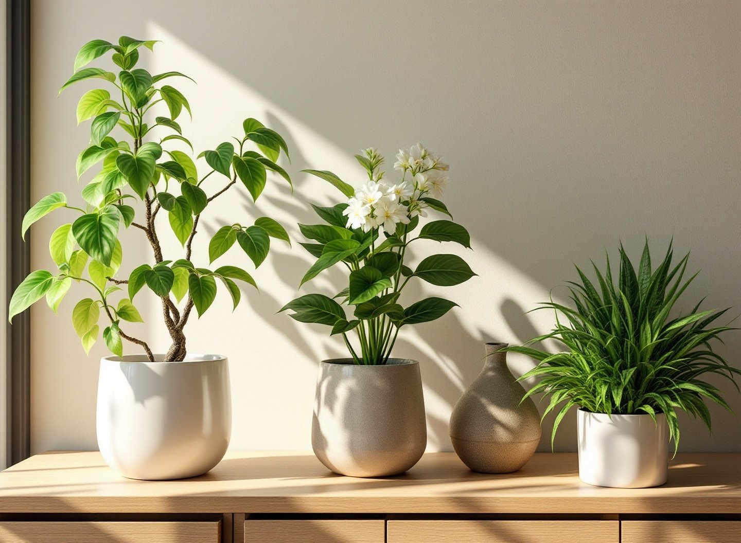 Variedade de plantas de apartamento em estante, com vasos autoirrigáveis