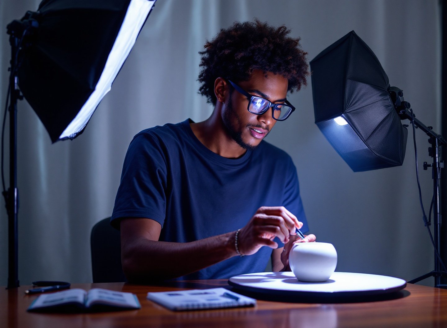 Fotógrafa iniciante ajustando flash speedlight com softbox em estúdio doméstico