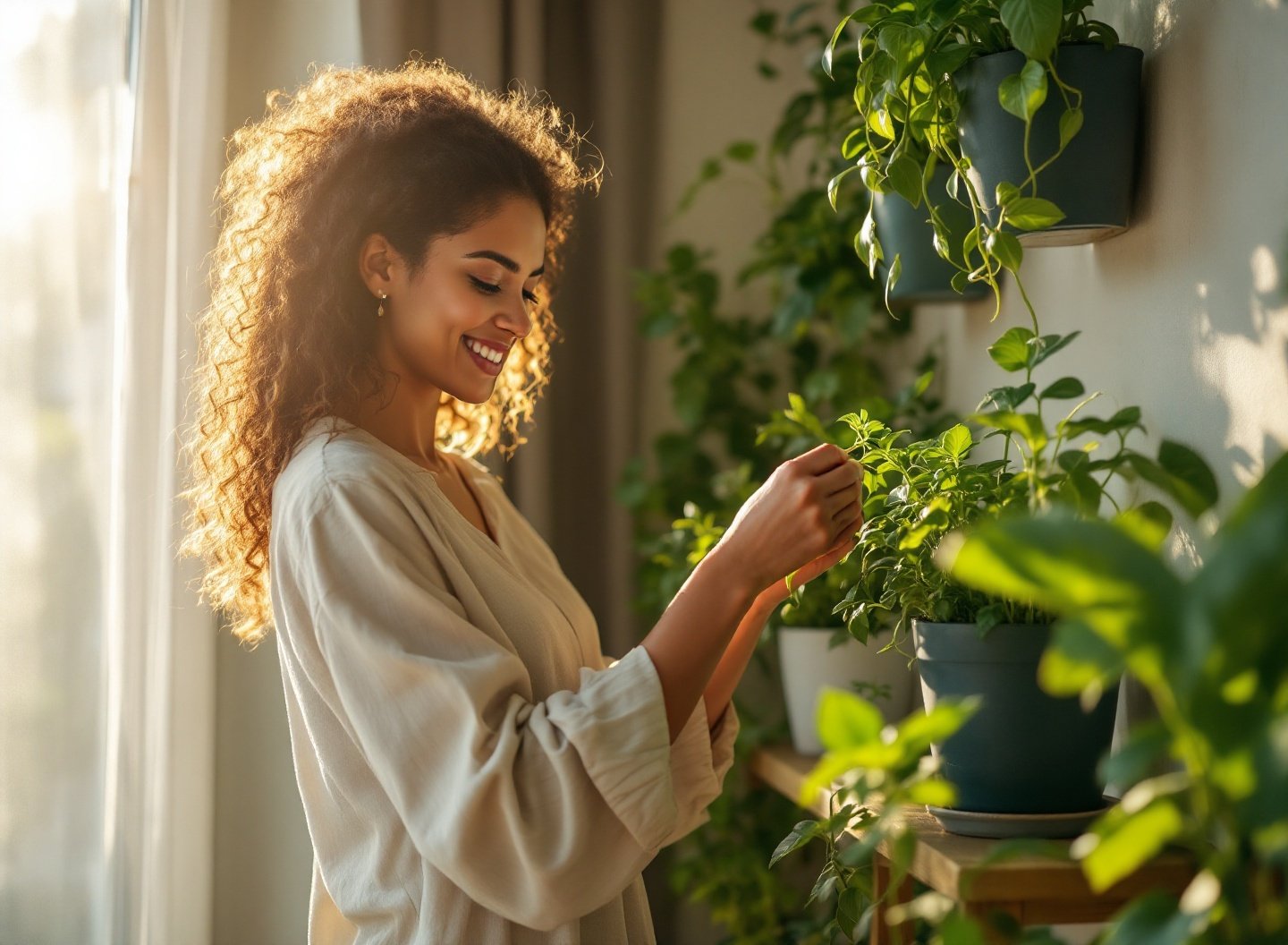 Pare de gastar! O guia definitivo para montar uma horta doméstica de baixo custo com alta produção de alimentos frescos. 2 Mulher colhendo alface fresca de horta vertical em apartamento, simbolizando horta doméstica econômica.