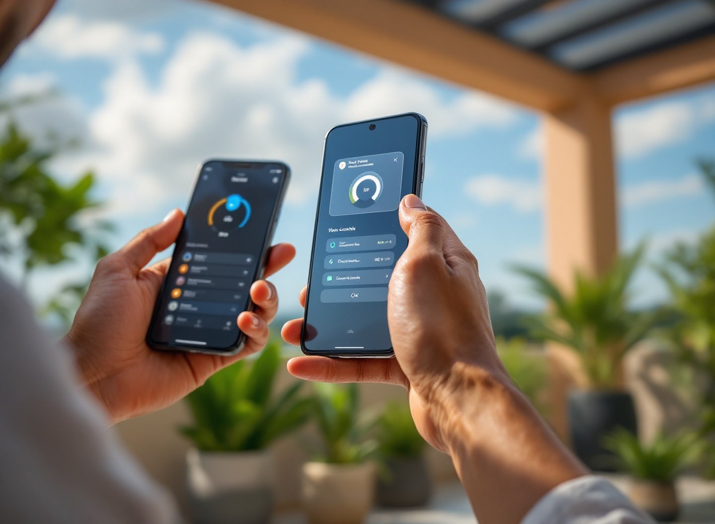 Efeito Estufa em Casa: Como o vaso inteligente com automação está transformando o cuidado de plantas sem esforço. 4 Homem controlando vaso inteligente por aplicativo no smartphone em terraço com plantas.