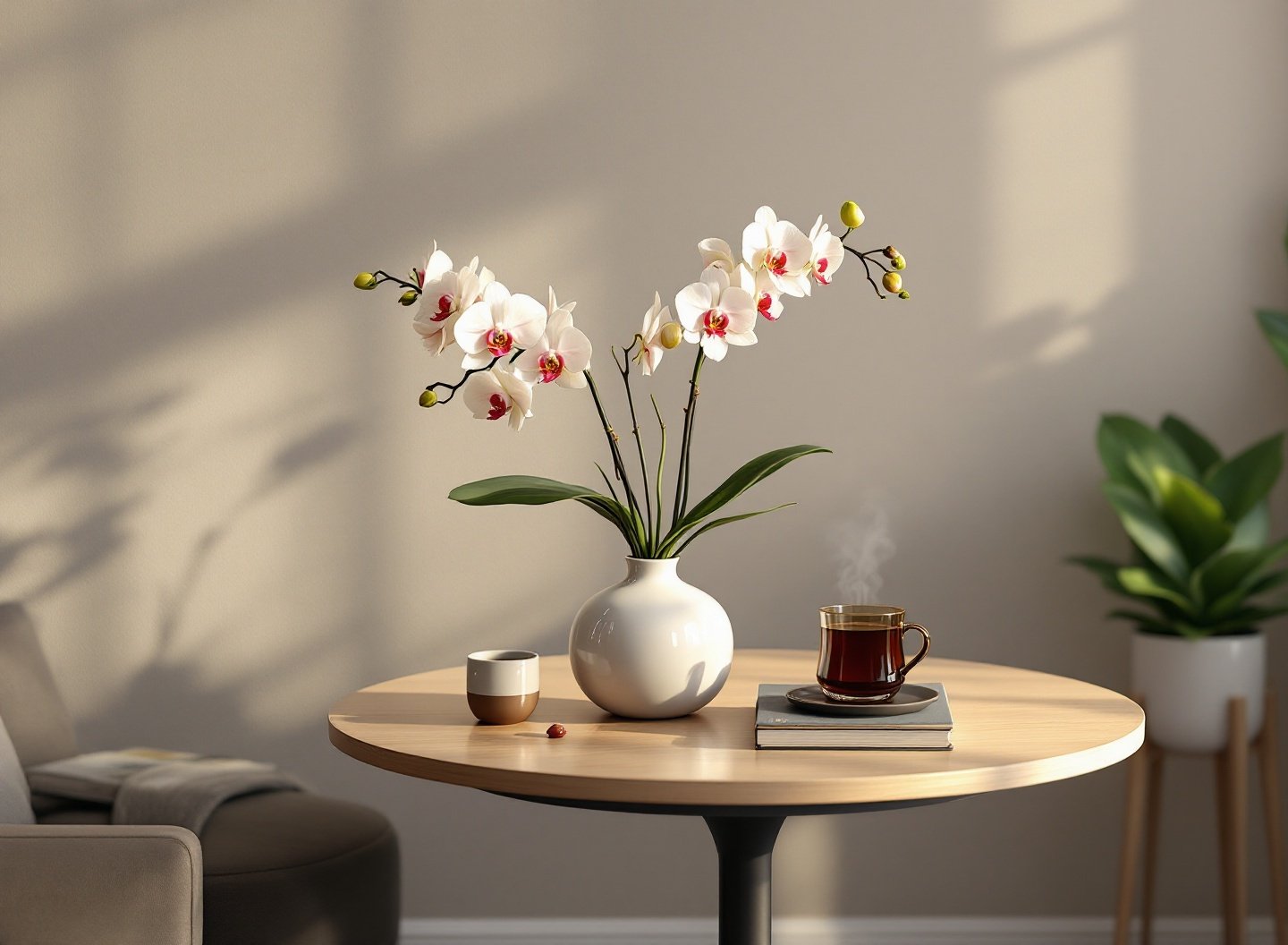 Efeito Estufa em Casa: Como o vaso inteligente com automação está transformando o cuidado de plantas sem esforço. 3 Orquídea em vaso inteligente decorativo na sala de estar.