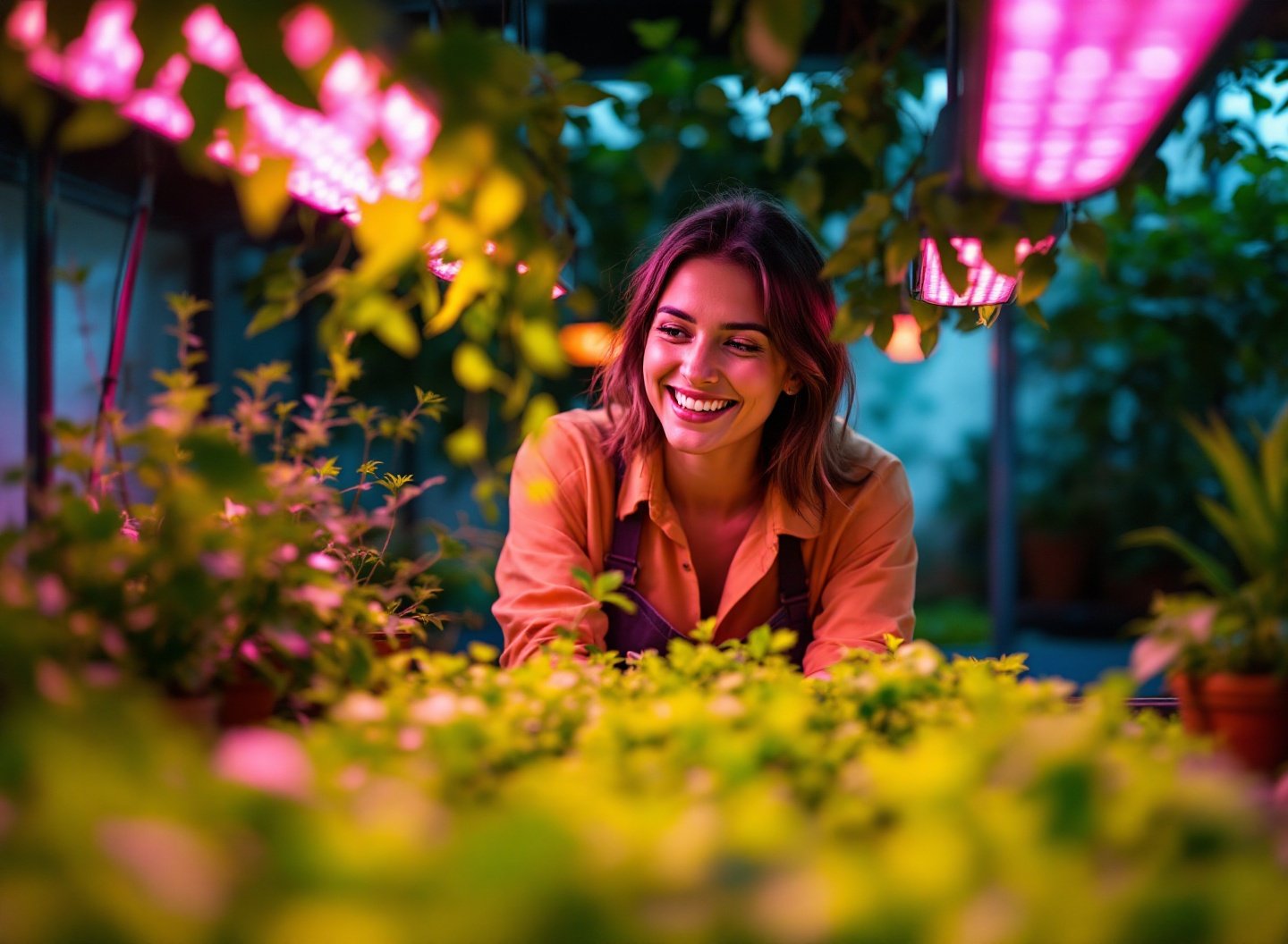 Mulher observando hortaliças crescendo sob luz LED grow em estufa de cultivo indoor