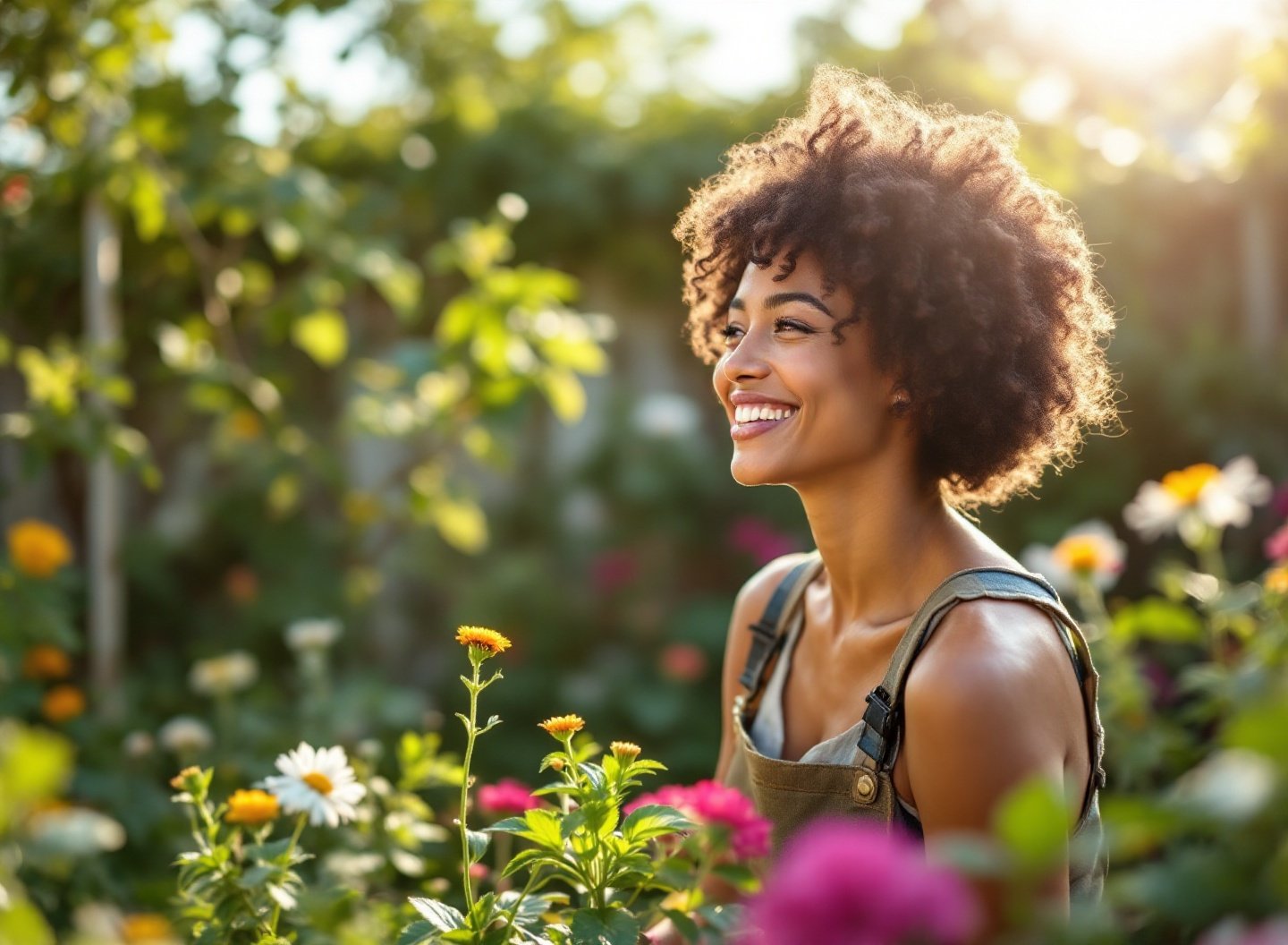 Chega de plantas morrendo: descubra como um sistema de rega inteligente vai salvar seu jardim 2 Mulher feliz em jardim com sistema de rega automática, plantas saudáveis