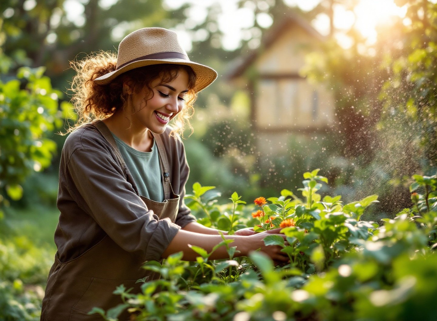 Mulher feliz com horta irrigada automaticamente, economia de água