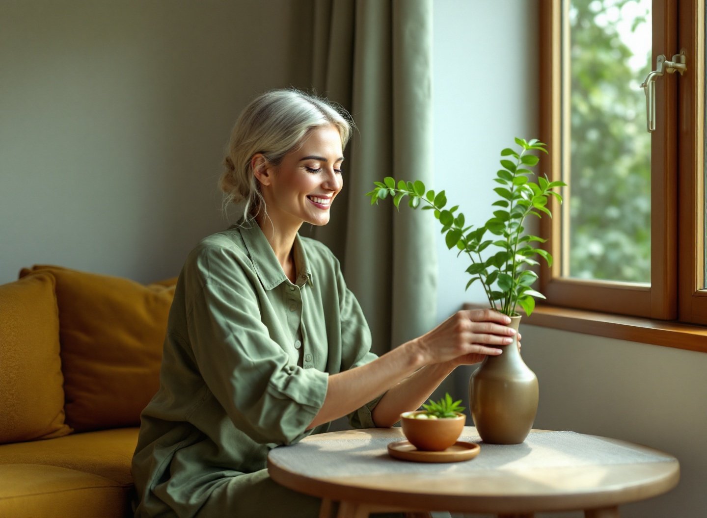 Mulher regando Zamioculca em apartamento com pouca luz, cultivando plantas fáceis para apartamento sem sol.