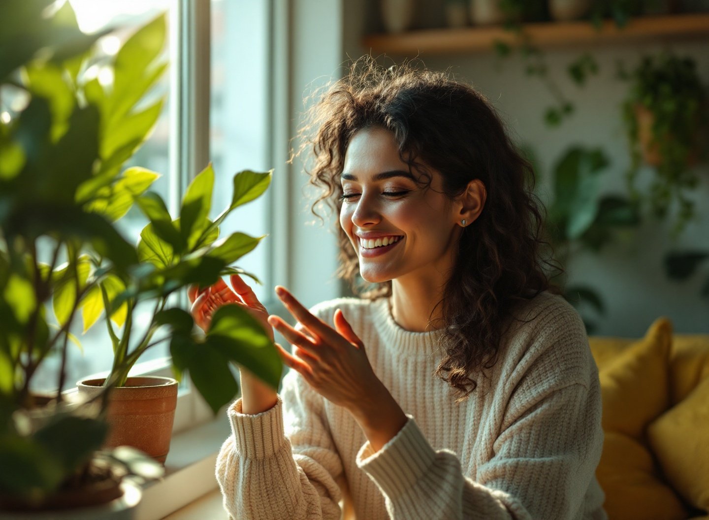 Mulher cuidando de planta em ambiente interno, recebendo luz natural.