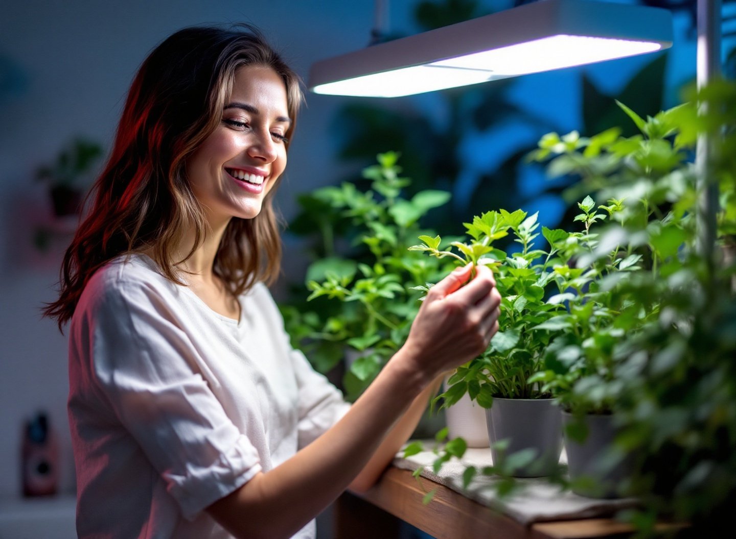 Mulher examinando plantas sob luz LED de cultivo, evidenciando a melhor luz para cultivo doméstico