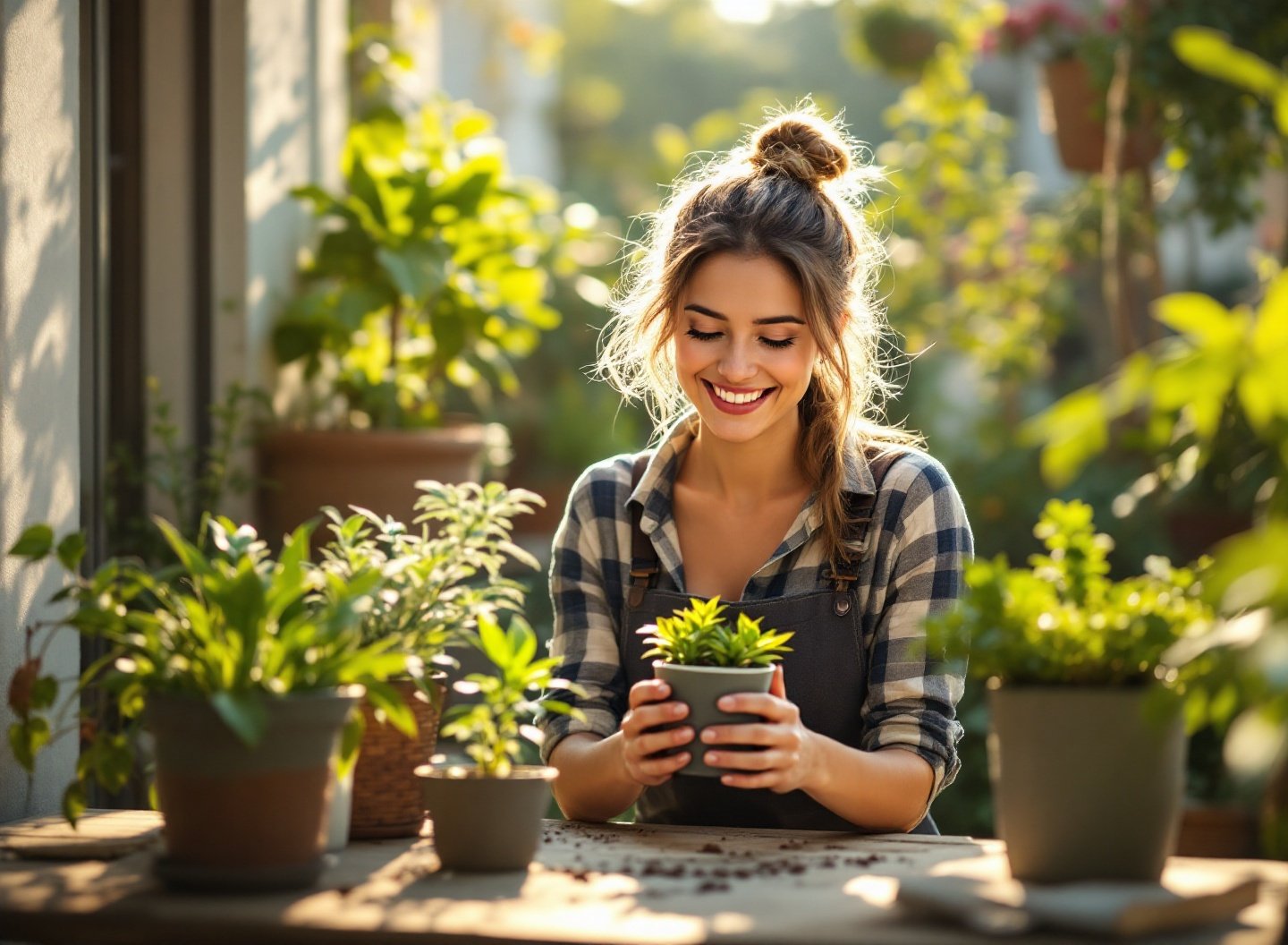 Chega de gastos! Como montar sua horta em casa de forma econômica e colher muito mais do que você planta. 2 Mulher sorrindo com pá e vaso de garrafa PET, mostrando economia na horta