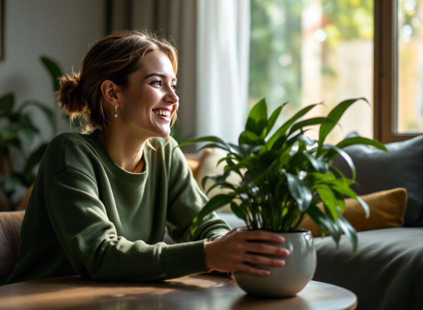 Pare de Desistir: As Plantas para Pouca Luz que Você Precisa para um Jardim Interno Sem Esforço 2 Mulher regando Zamioculcas em sala de estar, planta de baixa manutenção