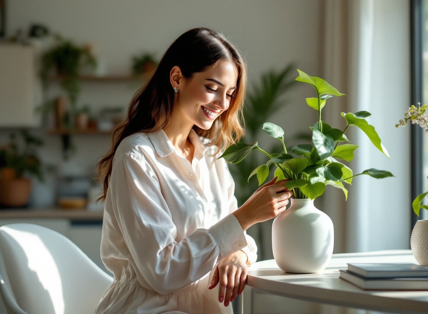 Efeito Estufa em Casa: Como o vaso inteligente com automação está transformando o cuidado de plantas sem esforço. 2 Mulher observando vaso inteligente com planta saudável em apartamento moderno.
