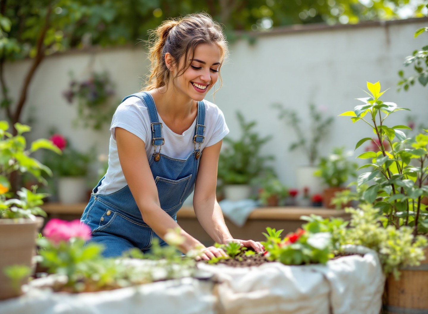 Quer uma horta orgânica? O guia definitivo de materiais baratos para horta caseira que você precisa para começar agora. 2 Mulher feliz cultivando horta caseira com materiais reciclados e baratos