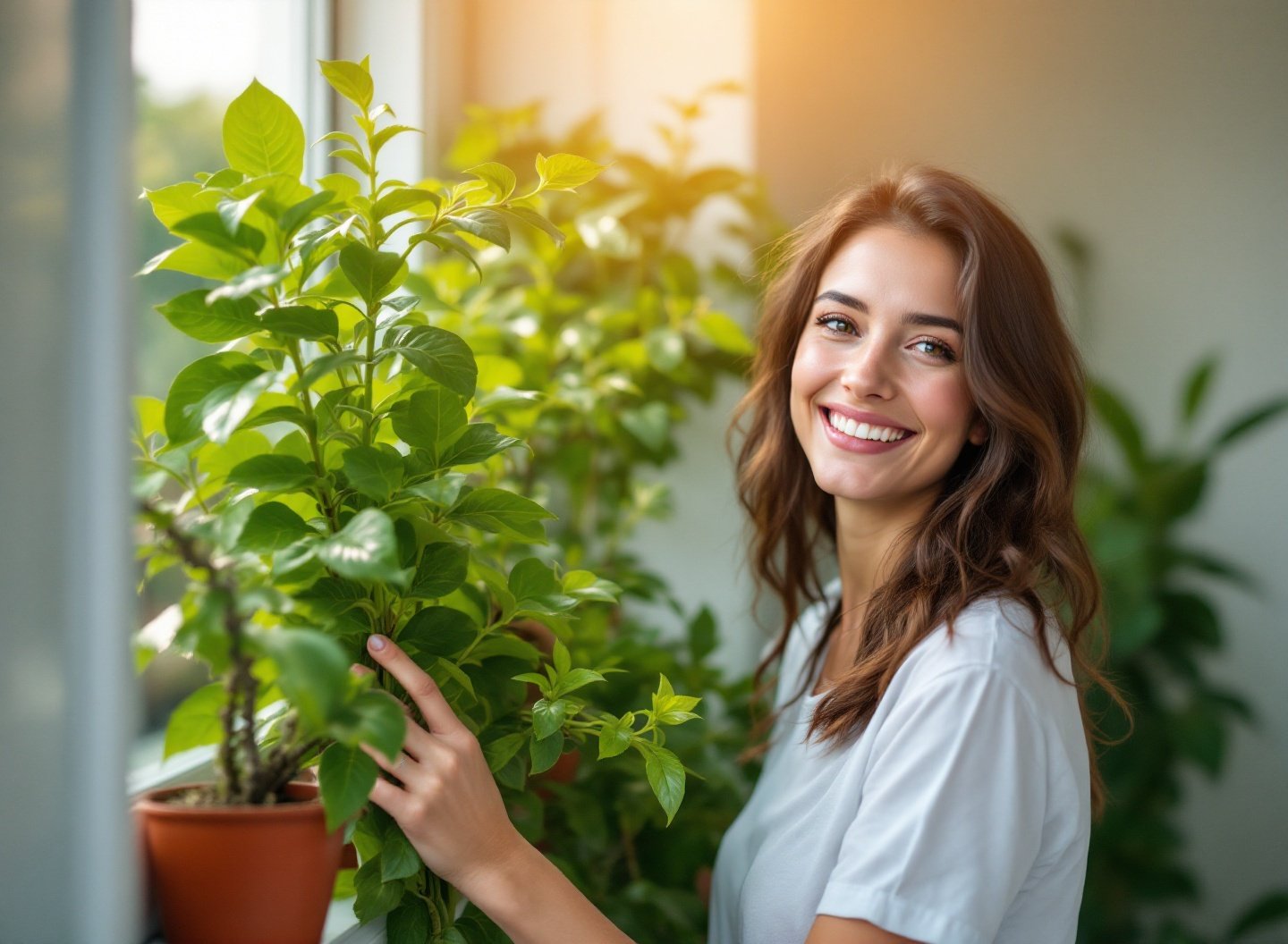 Pare de Gastar no Mercado: O guia definitivo para montar sua horta em pequenos espaços com custo zero a partir de agora. 2 Mulher colhendo manjericão em horta vertical de apartamento, demonstrando cultivo barato em pequenos espaços.