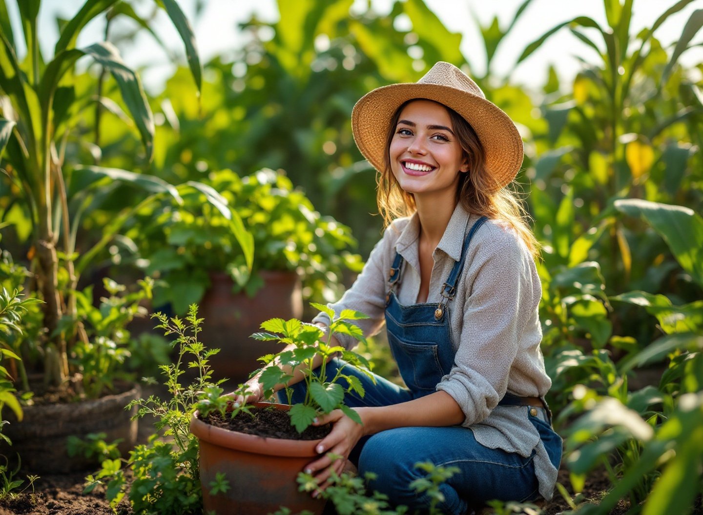 Chega de gastar! Monte sua horta econômica para iniciantes e tenha alimentos frescos em casa sem esforço 2 Mulher feliz plantando manjericão em horta econômica caseira para iniciantes