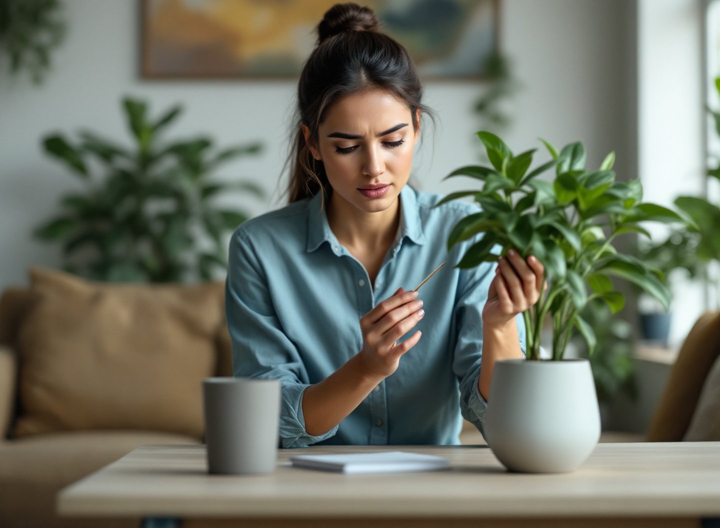Mulher jovem cuidando de planta em sala de estar moderna