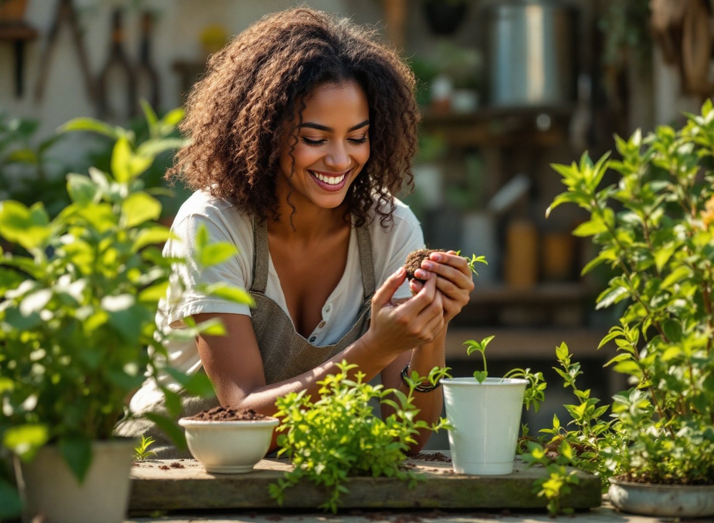 Mulher sorrindo, plantando muda de manjericão em vaso reciclado, demonstrando como plantar sem gastar muito.