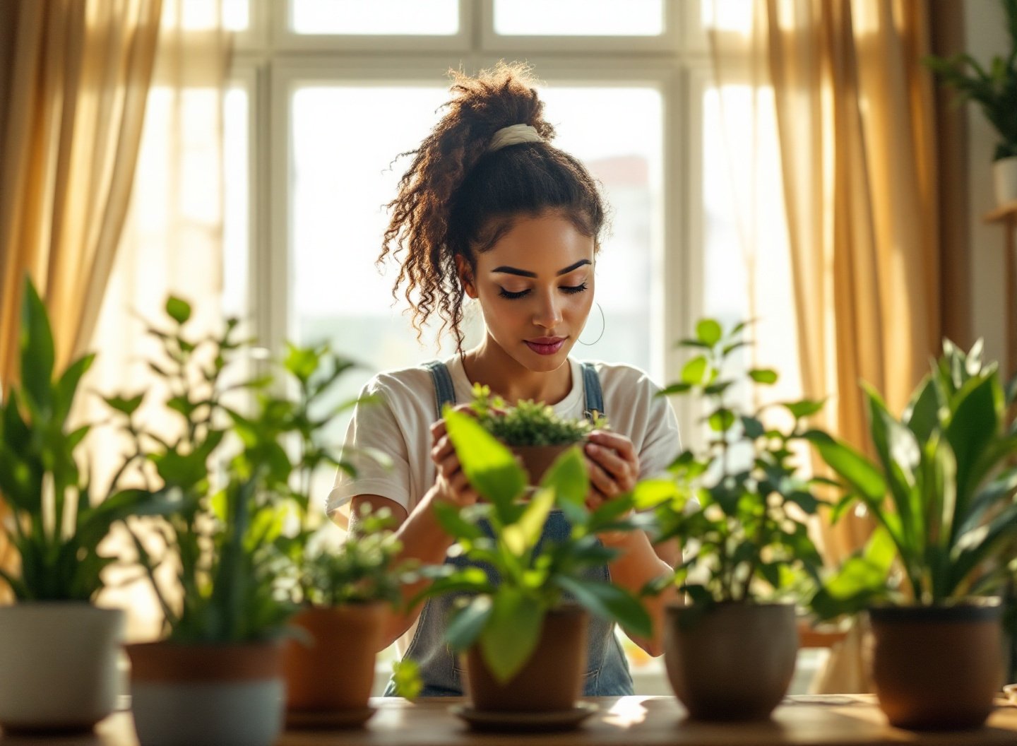 Mulher regando plantas de interior com cuidado.