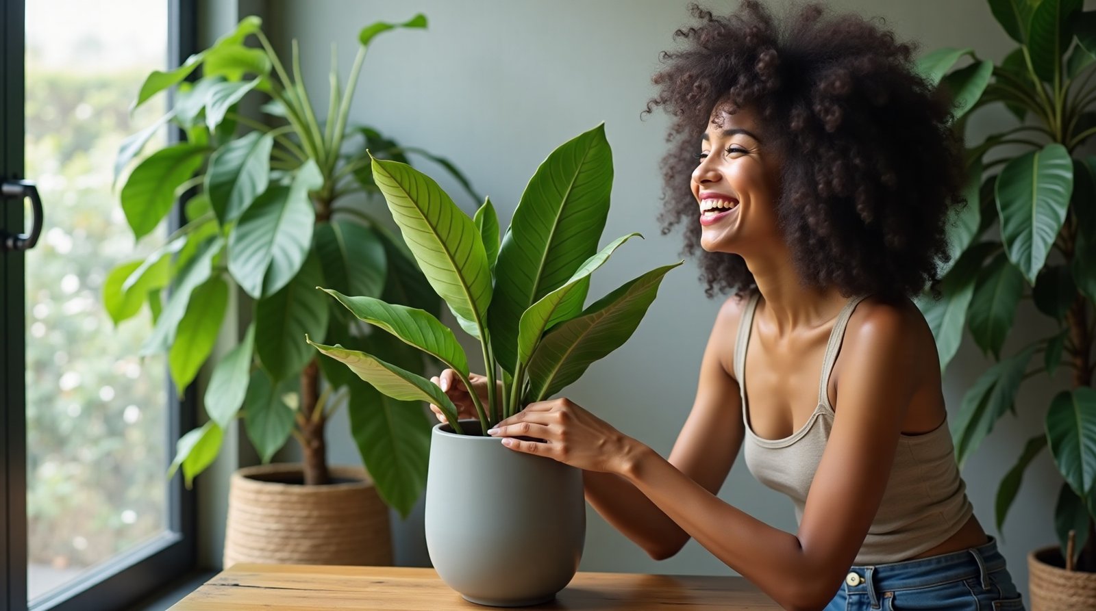Mulher regando planta Pothos em apartamento com pouca luz, cultivando plantas fáceis.