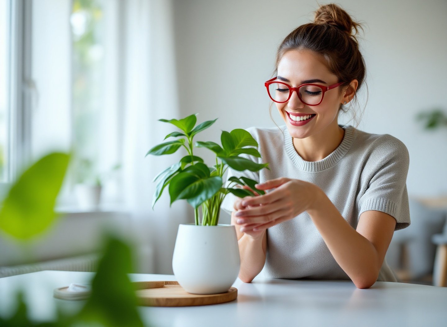 Mulher feliz examinando vaso autoirrigável moderno com planta Pothos em sala de estar iluminada.