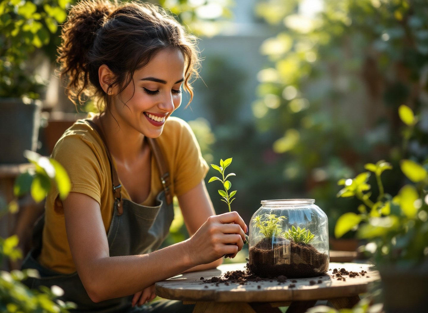 Mulher sorridente plantando alface em vaso reciclado, horta barata