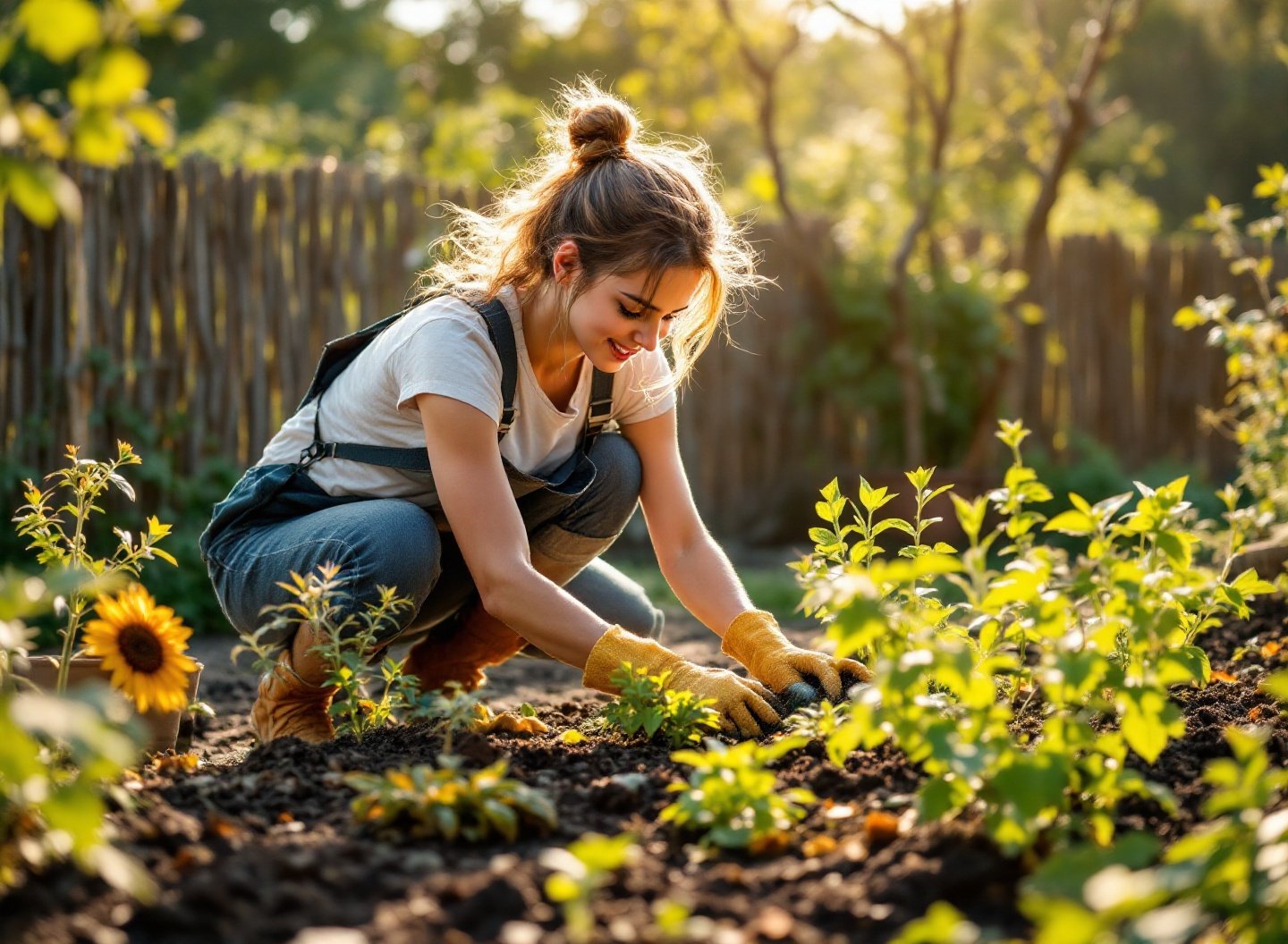 Transforme seu Quintal: Cultive Hortaliças com Facilidade 2 Jovem cultivando hortaliças em um canteiro de jardim.