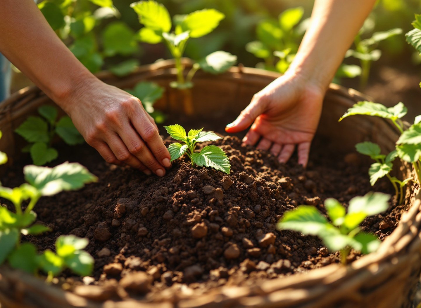 Pare de gastar! O guia definitivo para montar uma horta doméstica de baixo custo com alta produção de alimentos frescos. 3 Mão virando composto orgânico em composteira caseira, para adubo de horta econômica.